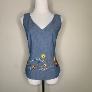 Chambray Embroidered Floral Shell Tank Fitted Sz 8